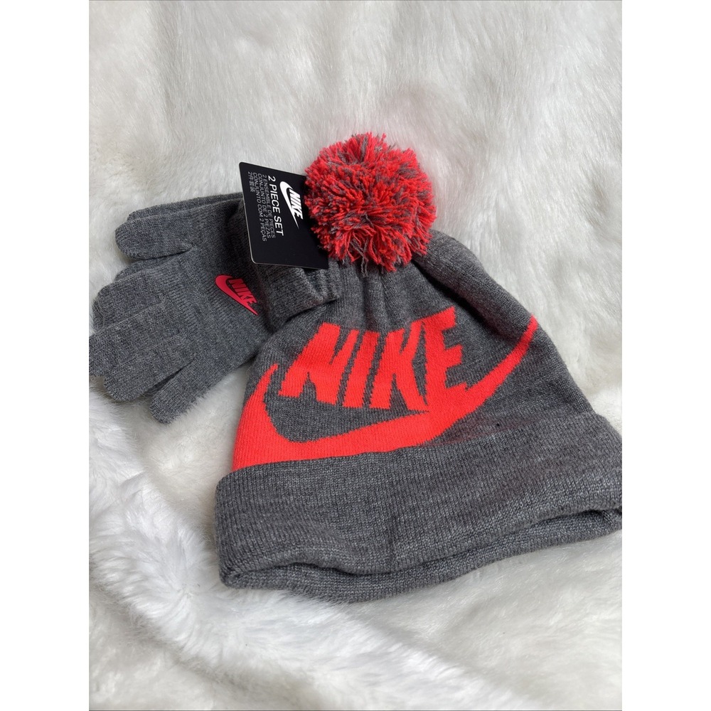 Nike Boys Knit Hat & Gloves Winter Set Beanie Heather Grey Orange NWT